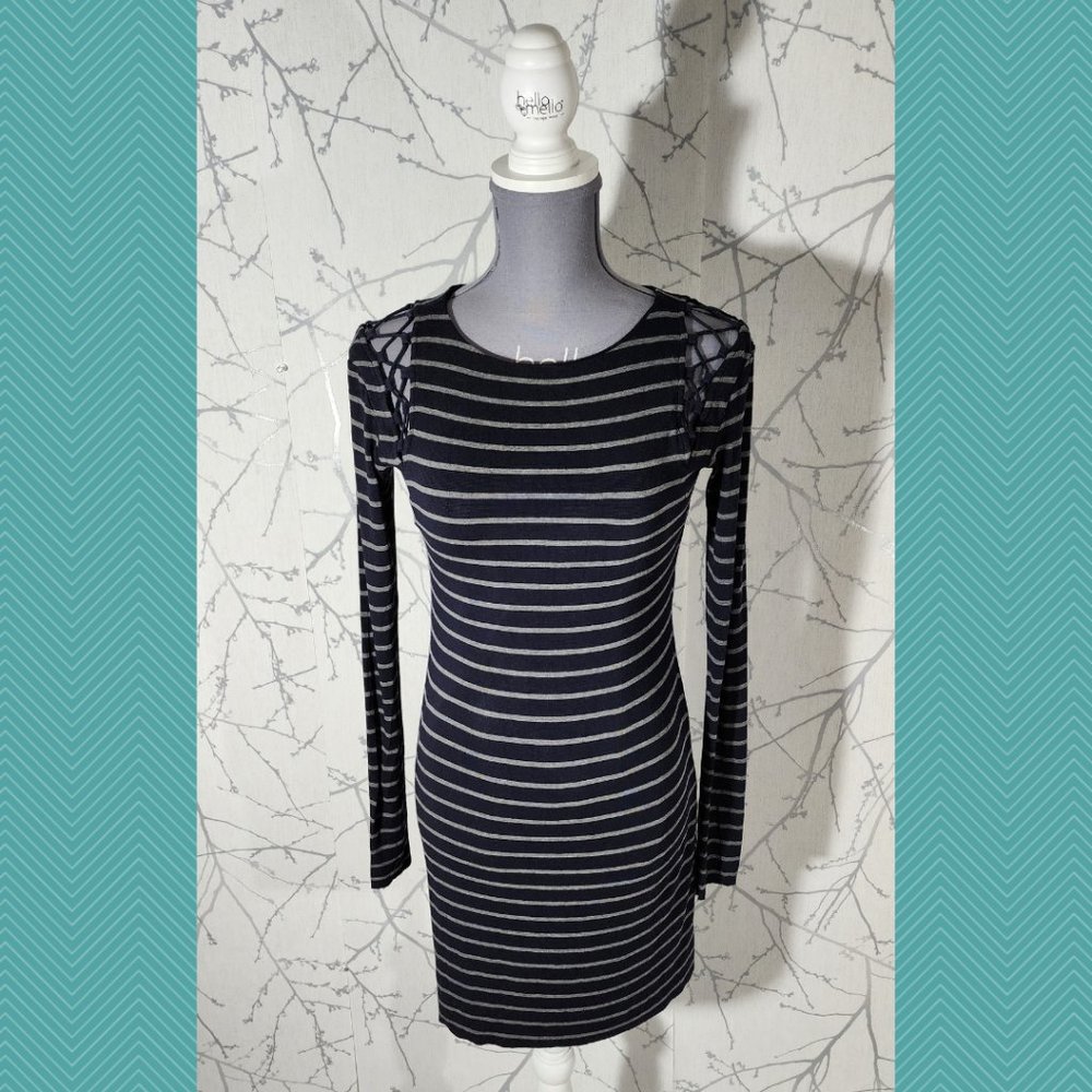 Bailey 44 Navy Striped Long Sleeve Dress w/ Lace Up Shoulders